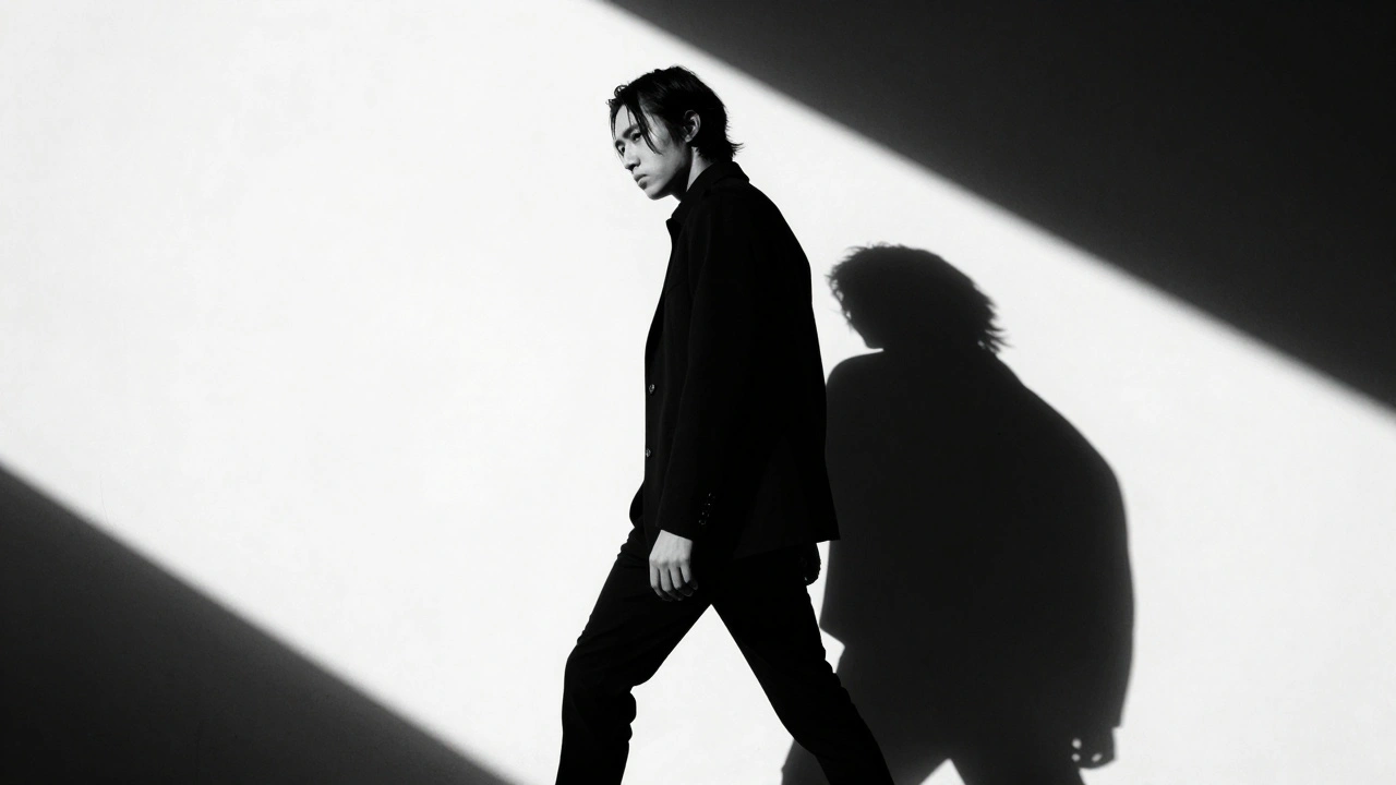 High-contrast black and white photo with dramatic shadows and bold geometric shapes.