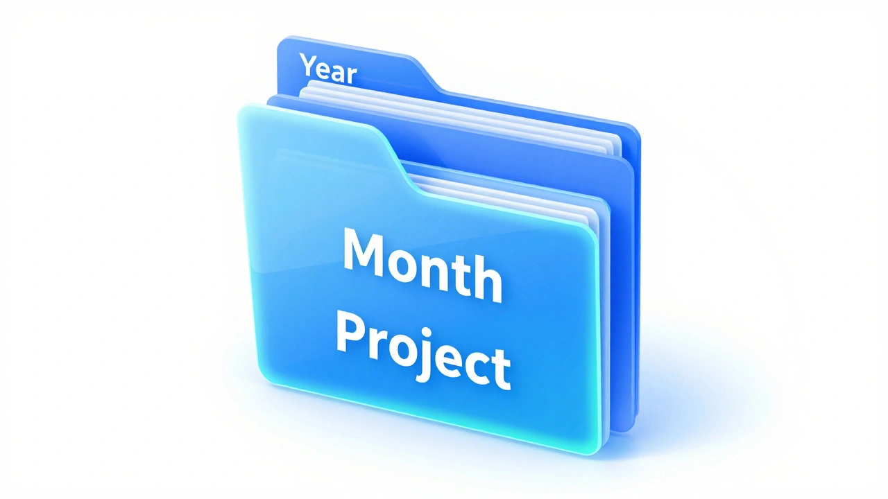 Isometric 3D visualization of a tiered digital folder hierarchy for photo organization.