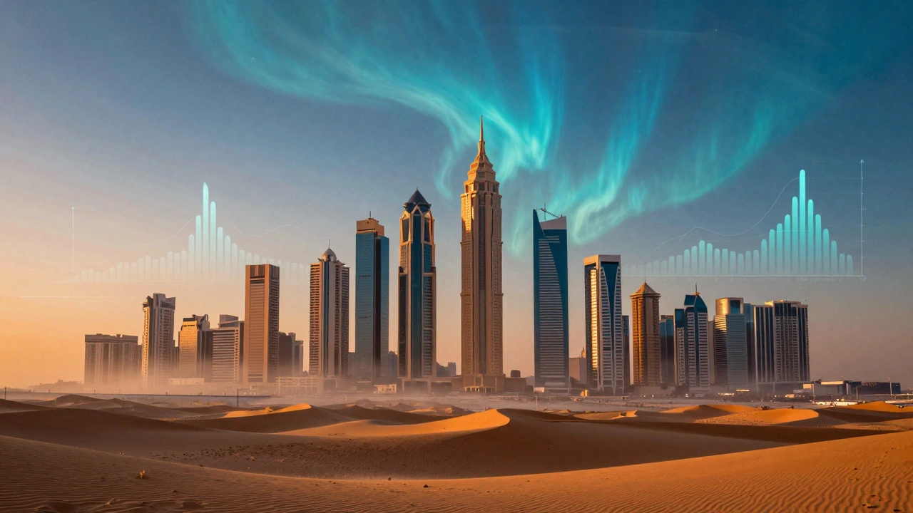 Layered photo showing city buildings merged with starry clouds in twilight