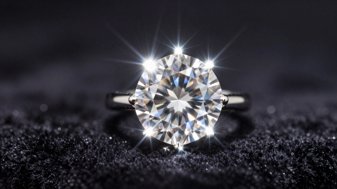 Macro shot of a diamond ring with dramatic 8-point star sparkles on dark velvet