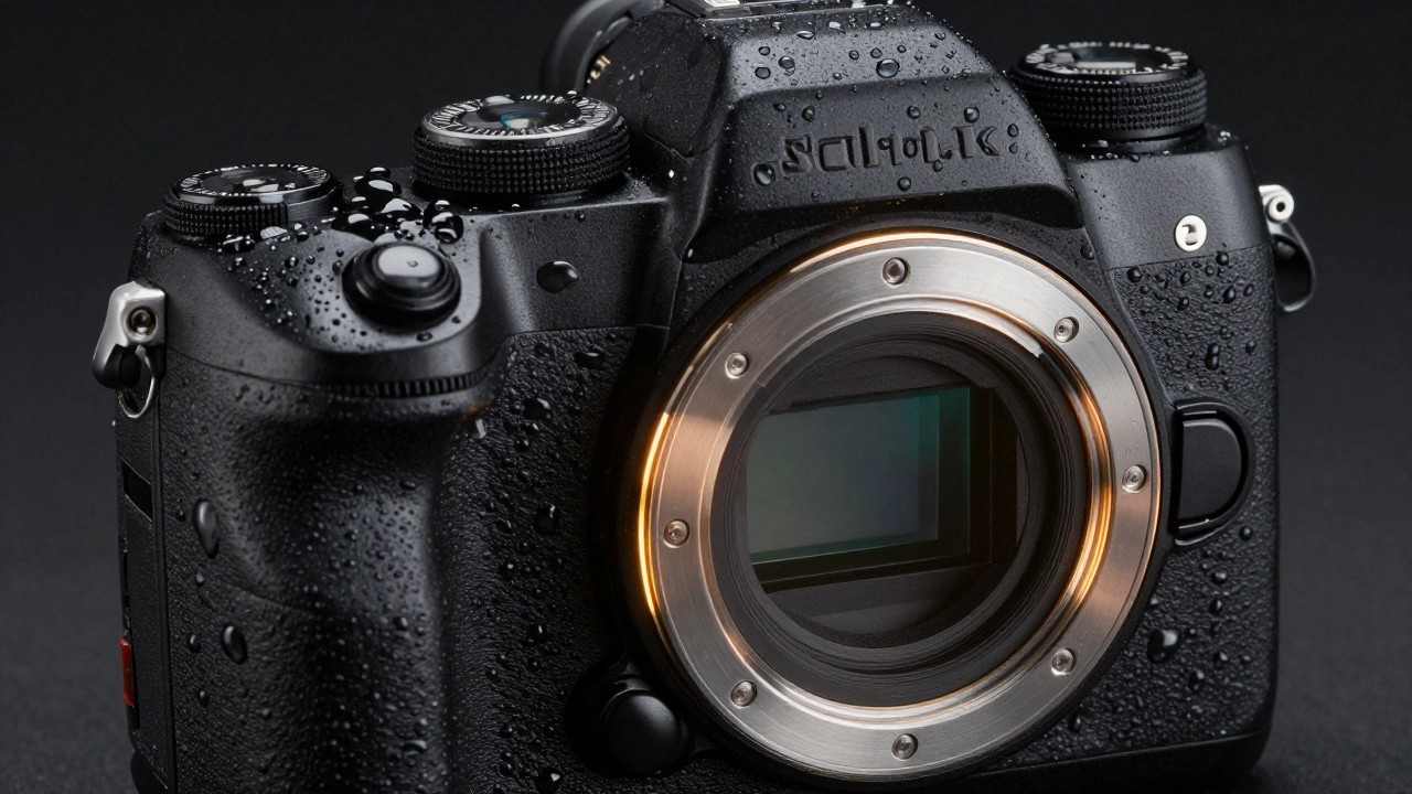 Macro view of water beading on a weather-sealed camera body