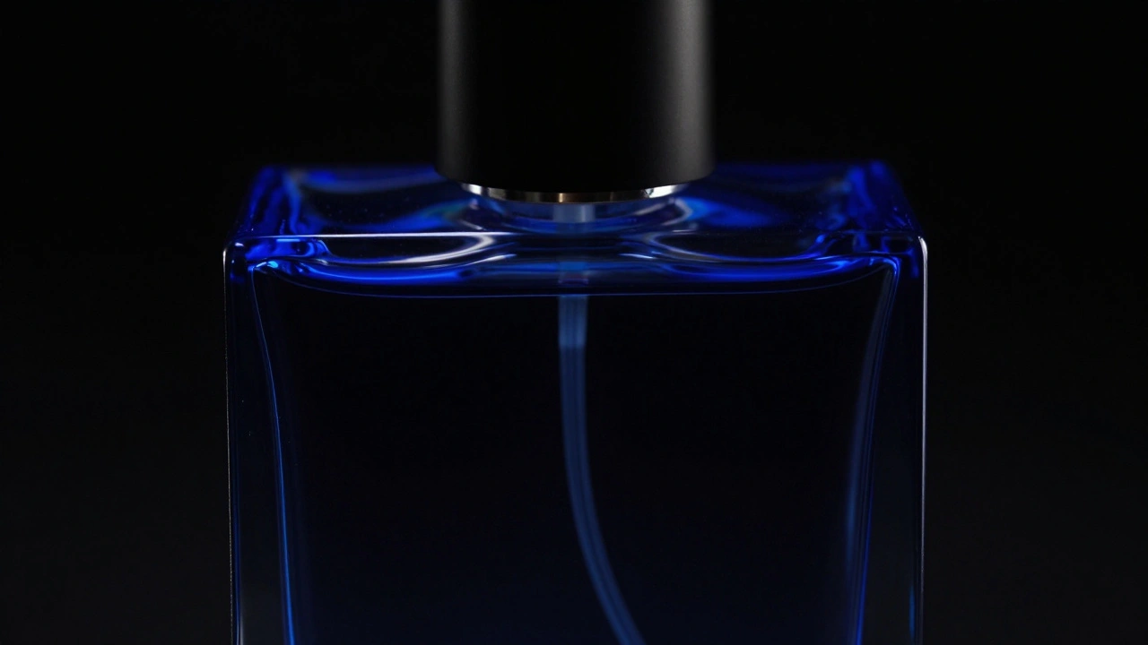 Matte black perfume bottle defined by a vibrant blue rim light against a black backdrop