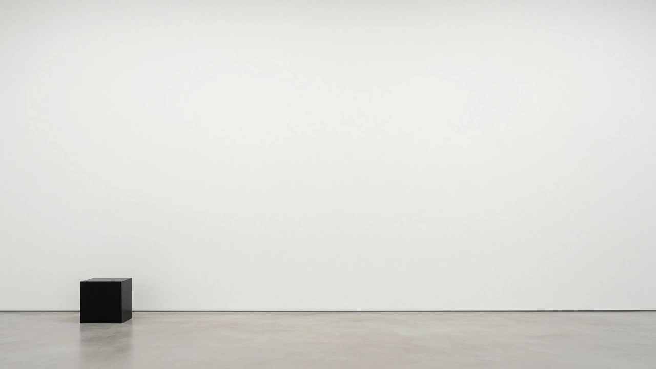 Minimalist photo of a small black sculpture in the corner of a large white empty space.