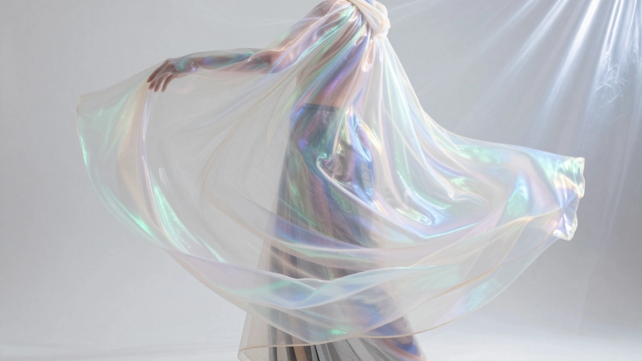 Model in an iridescent cloak with flowing fabric and a dreamy, soft-focus effect