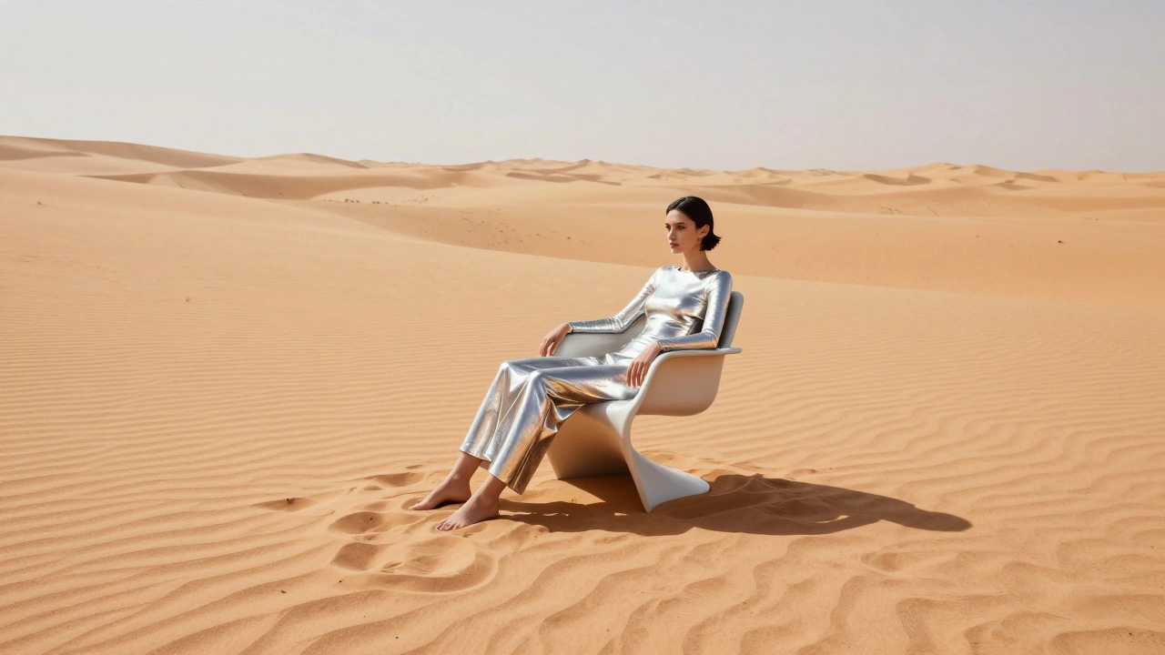 Model in metallic fashion sitting in a modern chair in the middle of a desert