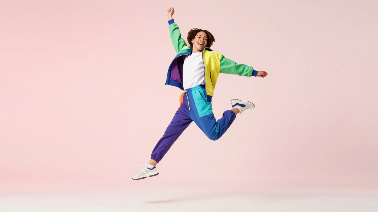 Model jumping in vibrant streetwear with a high-energy, playful expression