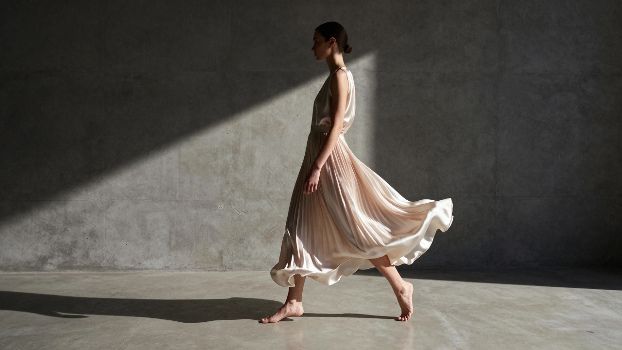 Model walking in a flowing silk dress with minimalist architectural background