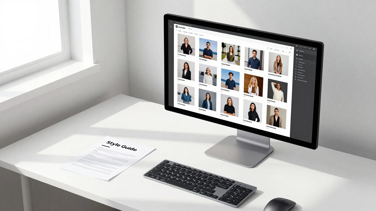 Organized photographer workstation with a structured file system on the screen.