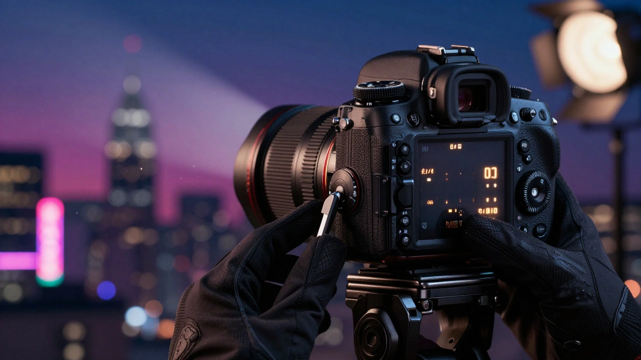 Photographer adjusting camera settings on tripod against illuminated urban skyline