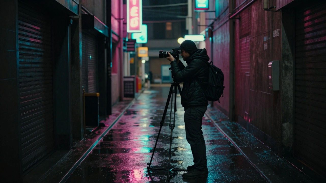 Photographer using a tripod in a rainy, neon-lit city street at night.