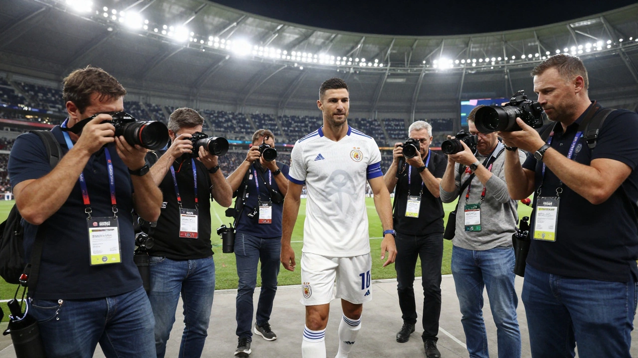 Photographers with credentials interviewing an athlete in a stadium mixed zone.