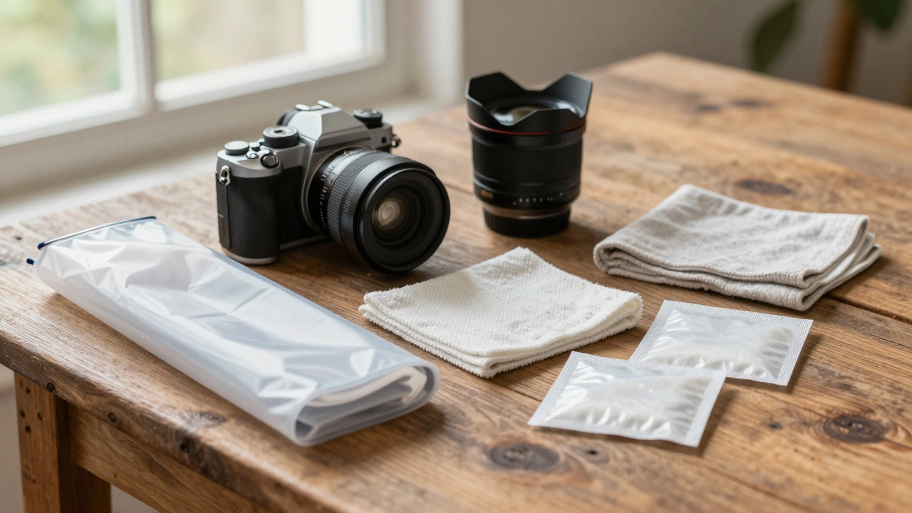 Professional camera gear and rain accessories on a wooden table