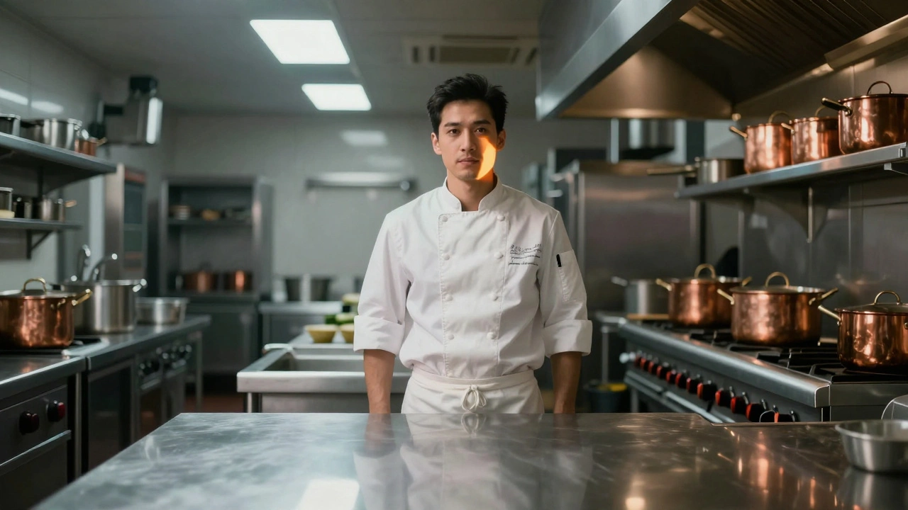 Professional chef in a commercial kitchen with stainless steel equipment and dramatic lighting
