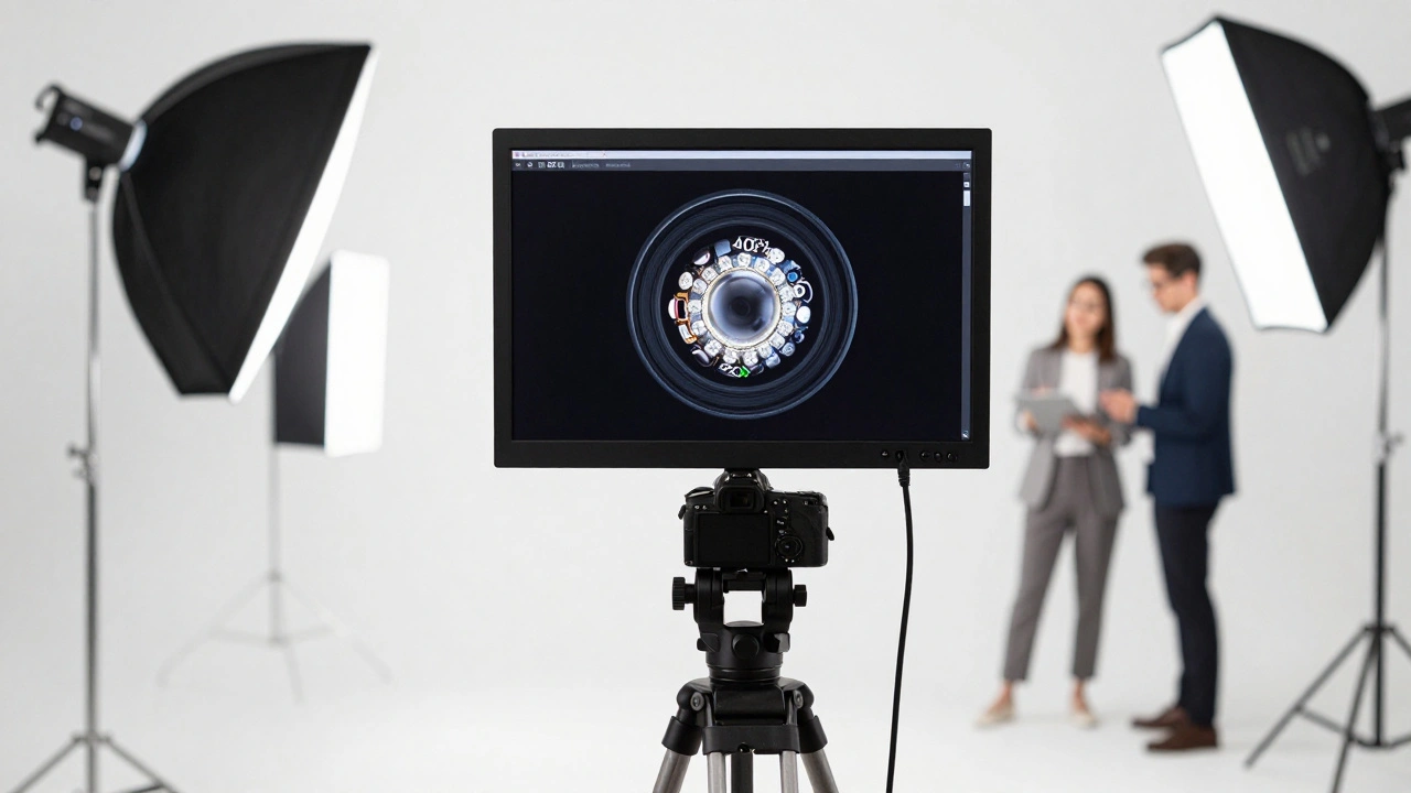 Professional studio setup with a tethered medium format camera and large monitor.