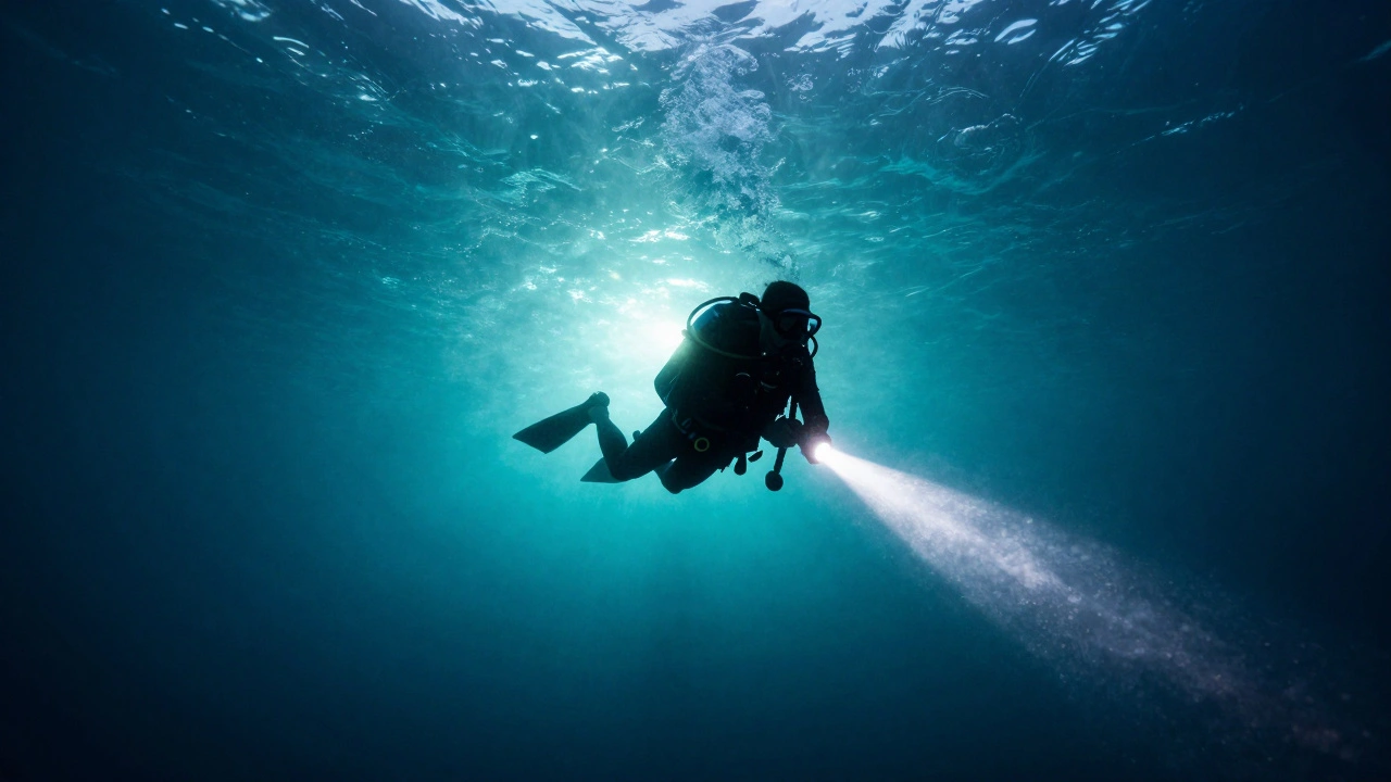 Silhouette of a diver with a bright flashlight beam in shallow water