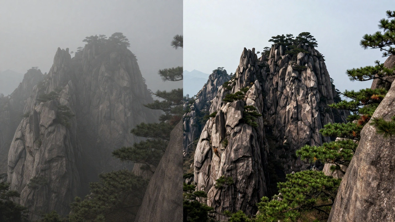 Split-screen comparison of a hazy mountain landscape versus one with restored contrast and clarity.