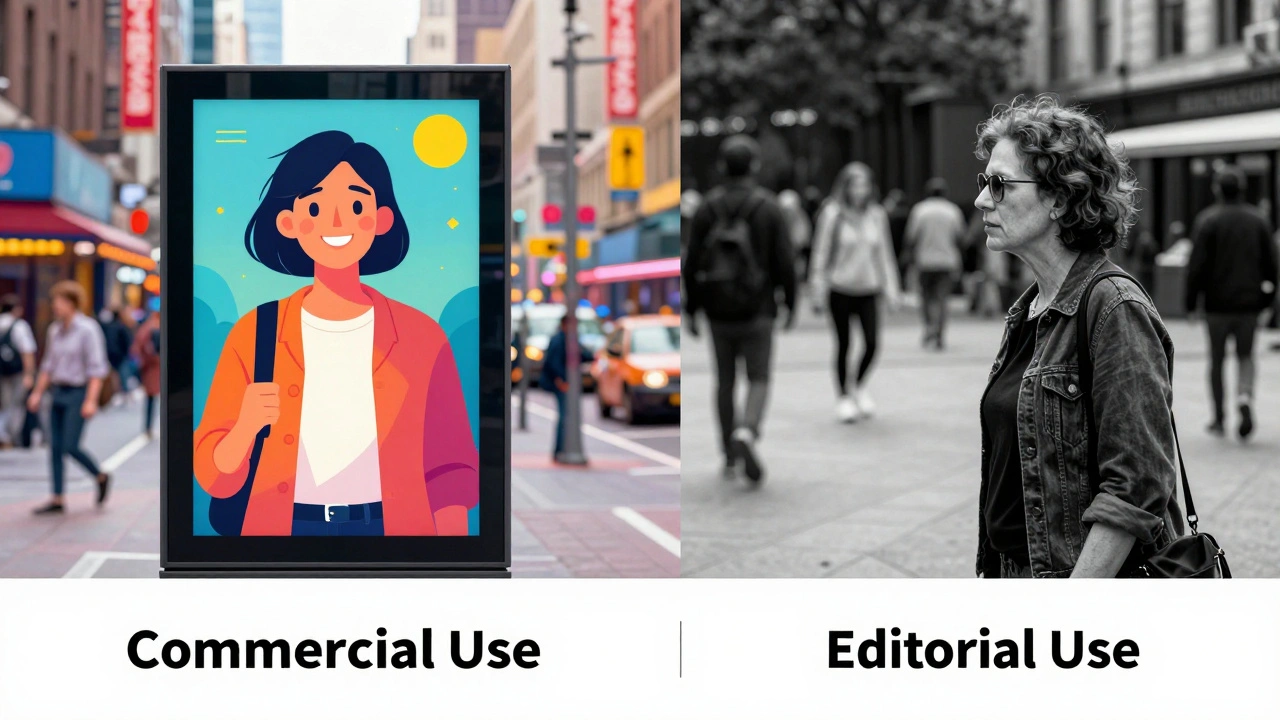Split screen showing a commercial ad on one side and an editorial street photo on the other