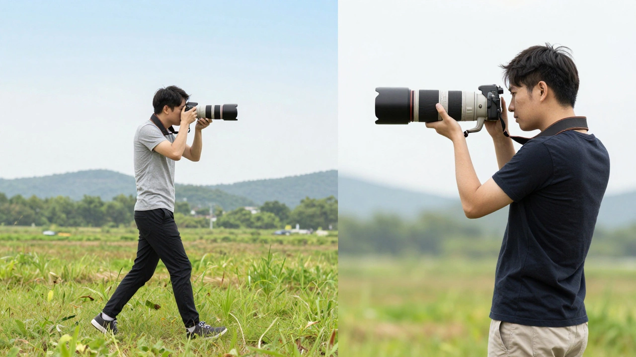 Split screen showing a photographer walking for a prime lens versus zooming with a zoom lens