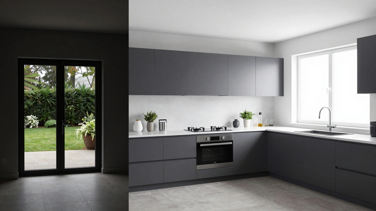 Split view showing underexposed, balanced, and overexposed shots of a kitchen