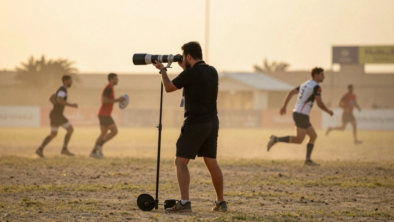 Sports photographer tracking rugby players with a telephoto lens during a sunset match.