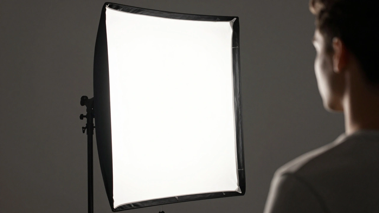 Studio photography setup showing a narrow strip box light positioned behind a subject