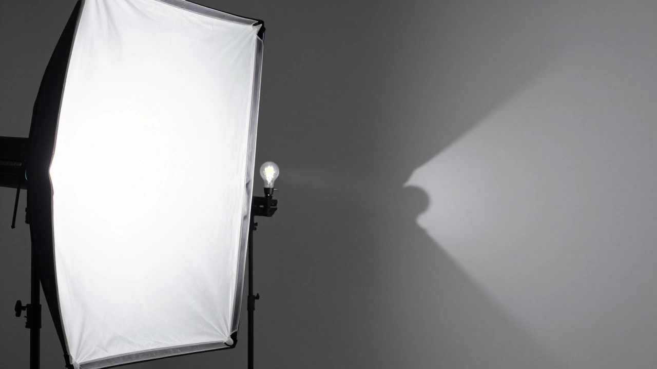 Studio setup showing a large softbox creating soft shadows and a small bulb creating sharp shadows.