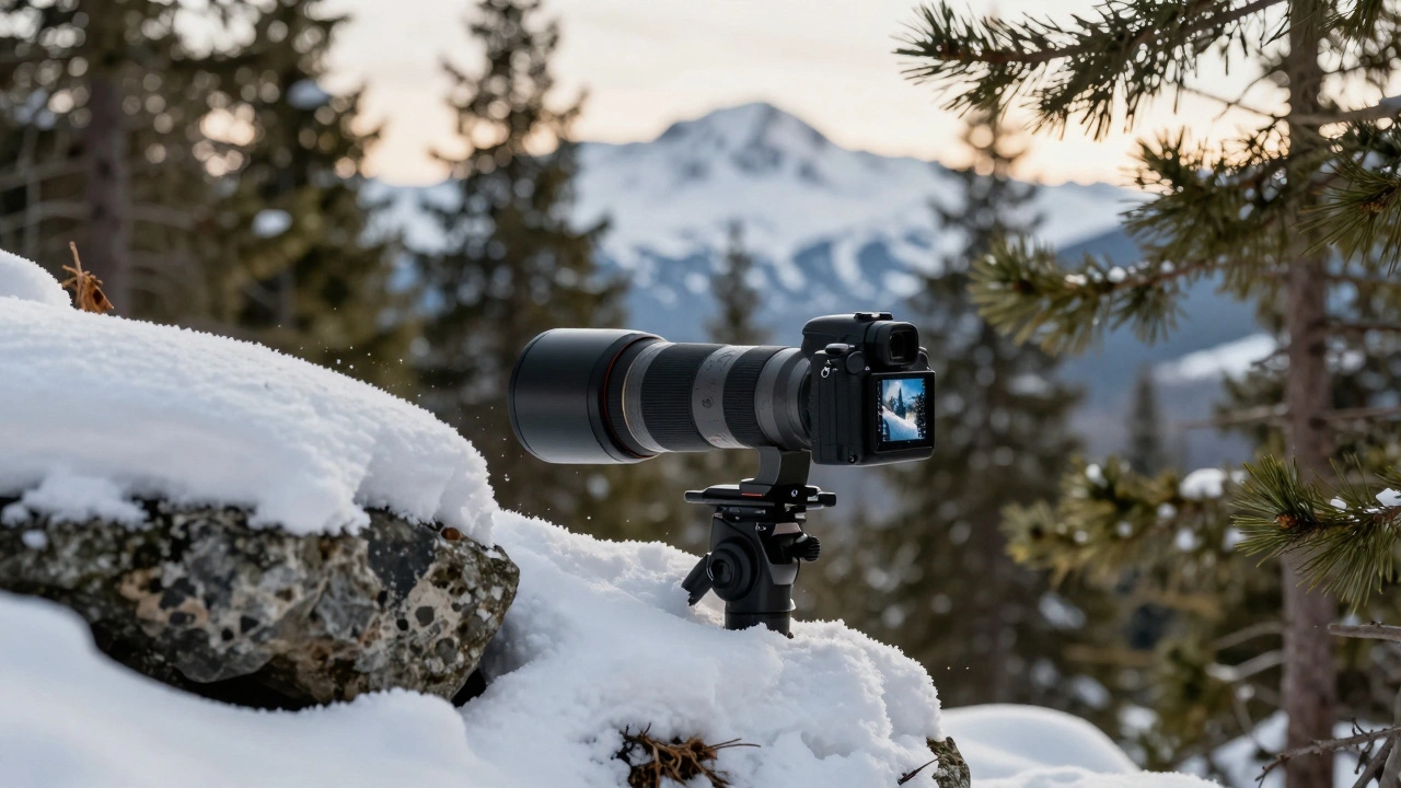 Telephoto lens view of a skier carving through powder with a rocky foreground frame