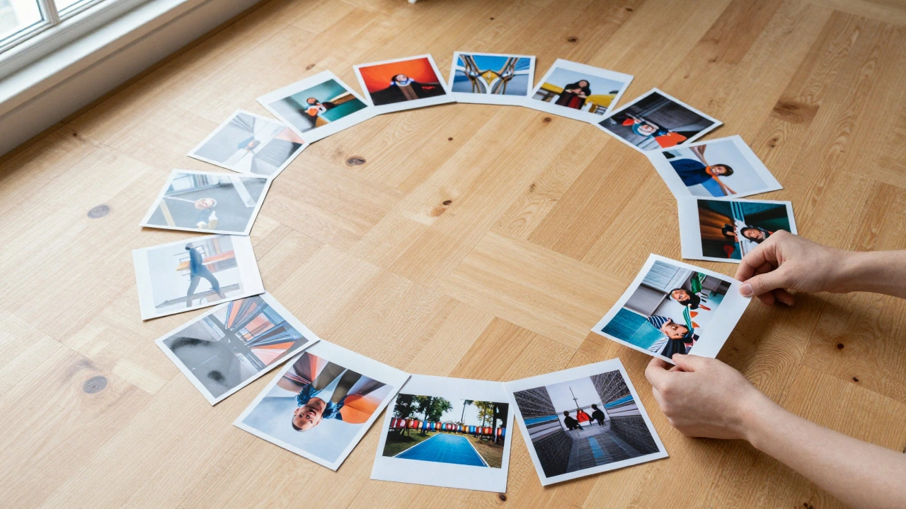 Top-down view of small photo prints being rearranged on a wooden floor for sequencing.