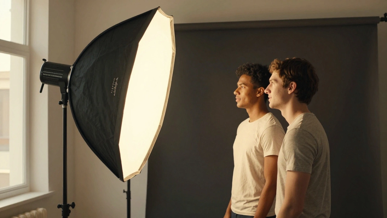 Two people photographed with balanced studio lighting setup