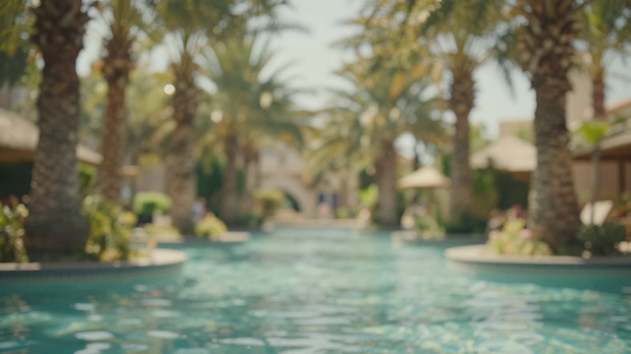 Wide-angle oasis landscape with shallow depth of field and creamy bokeh background