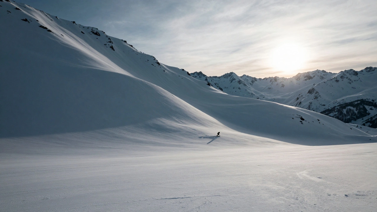 Wide shot of a lone skier on a massive, serene snow-covered mountain slope