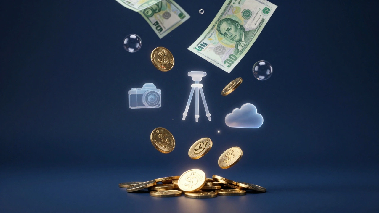 Abstract art of floating money and camera icons symbolizing tax savings