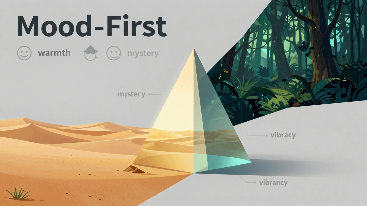 Abstract prism transforming desert and forest scenes into different moods