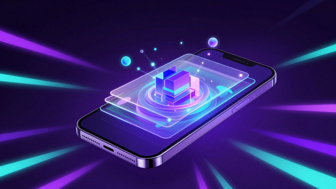 Abstract visualization of mobile photo layers and AI editing effects