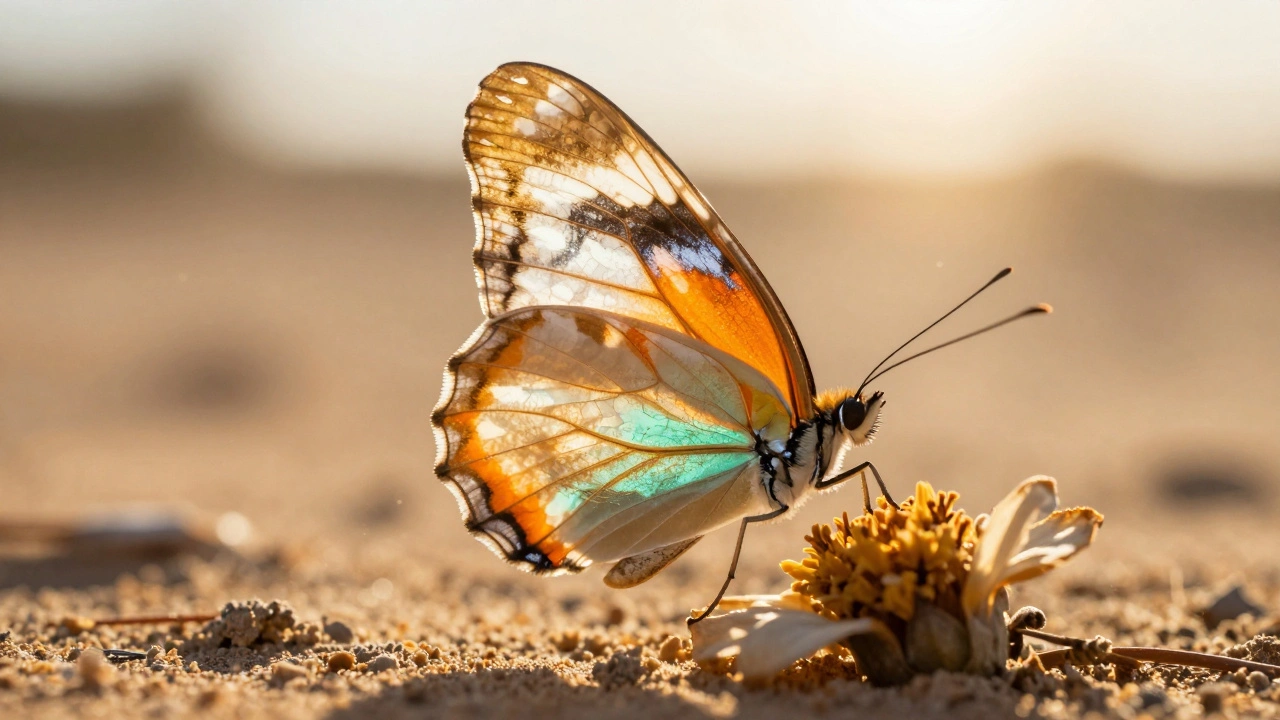 Backlit butterfly wing showing intricate veins on a desert flower.