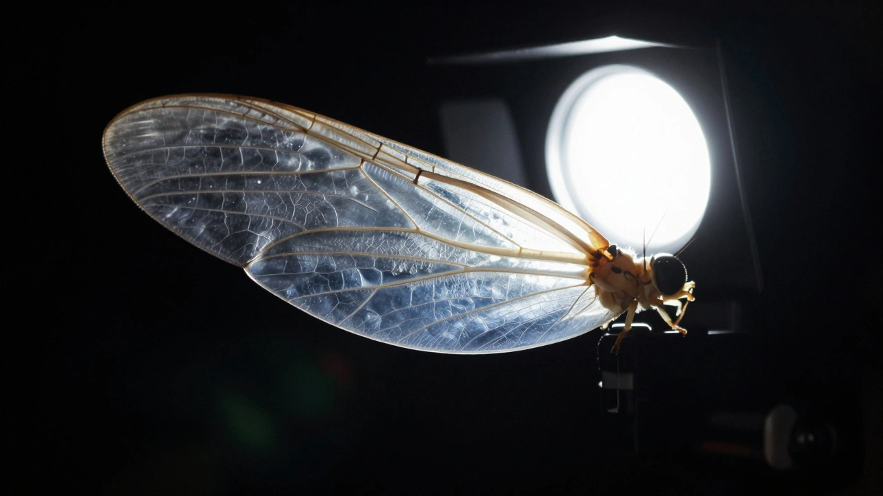 Backlit insect wing revealing texture with off-camera flash