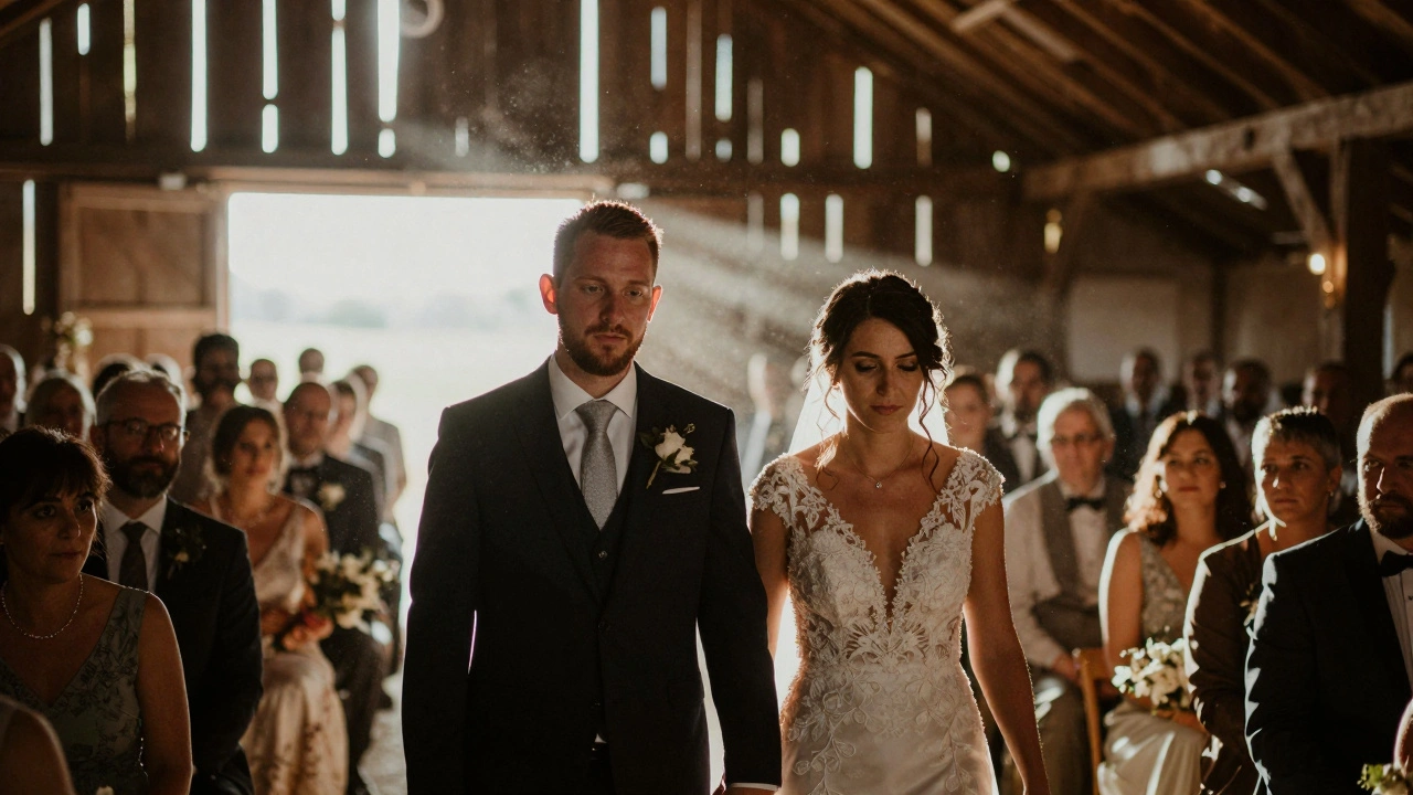 Bride and groom in a barn with creamy bokeh background