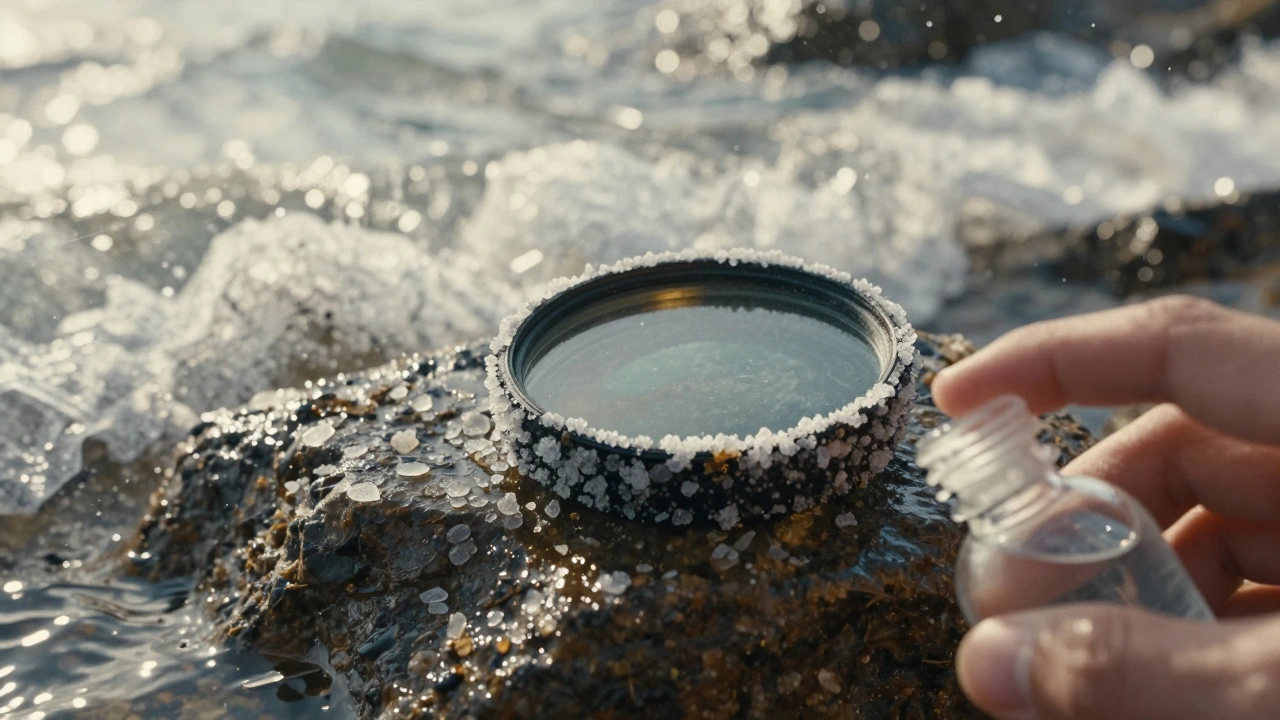 Camera filter with salt crystals near ocean waves