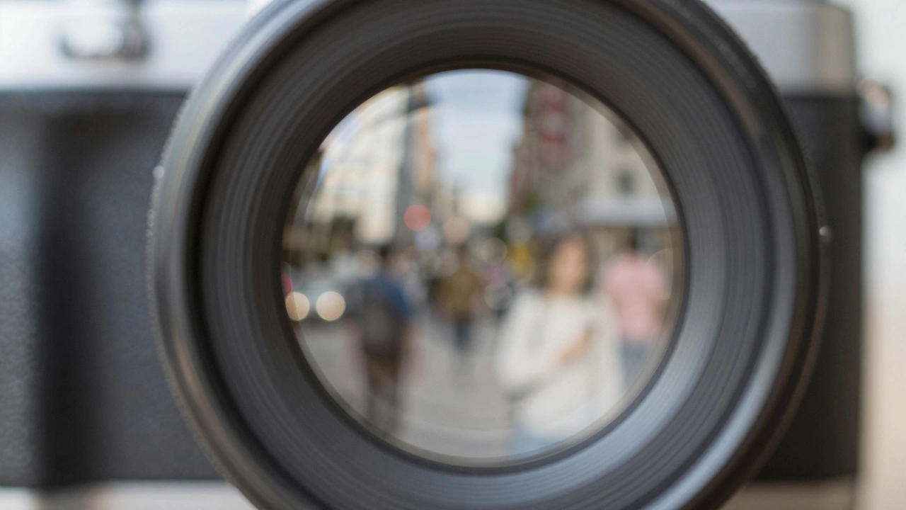 Camera lens reflecting a street scene with blurred faces to show anonymity techniques.