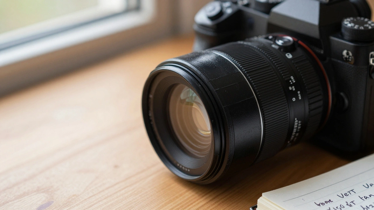 Camera lens with zoom ring taped shut on a desk