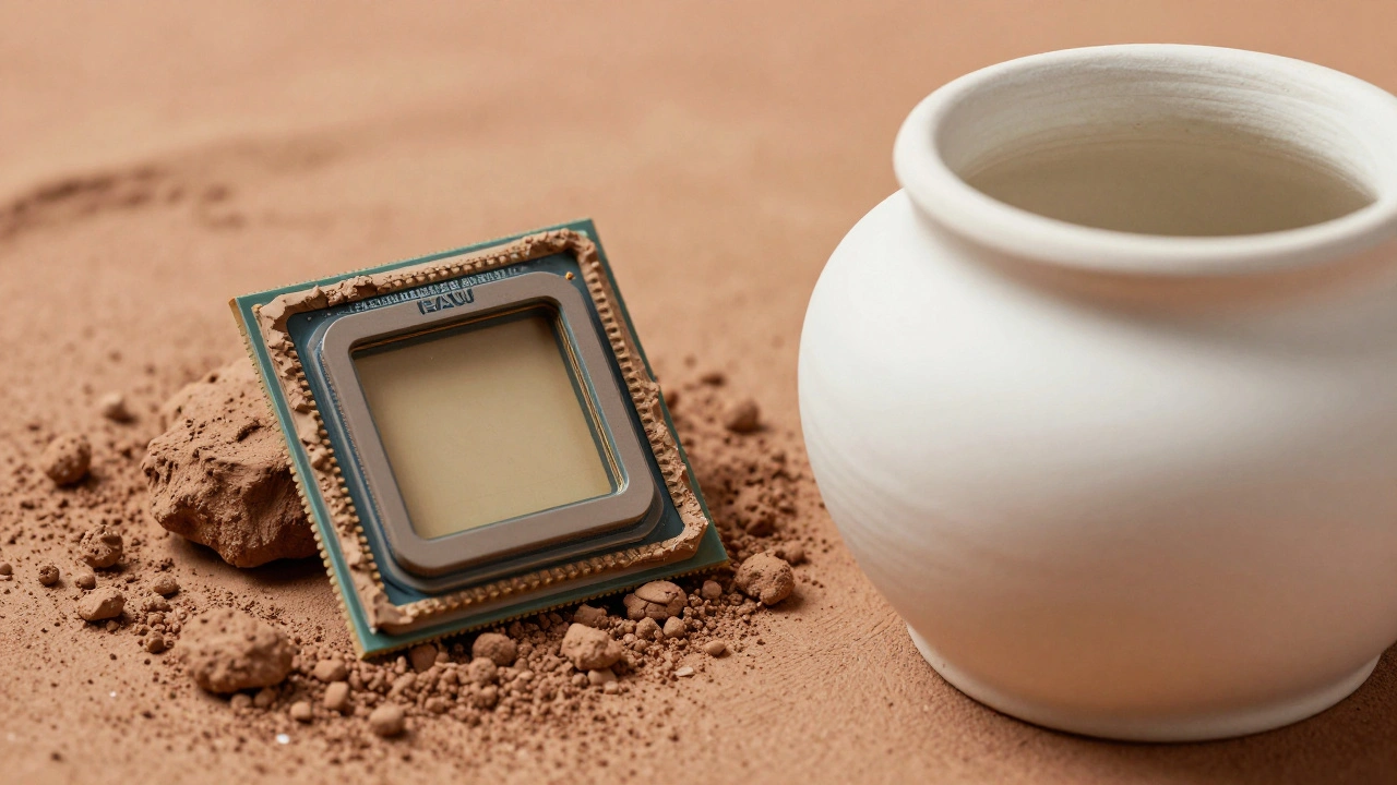 Camera sensor on raw clay next to finished pottery symbolizing RAW vs JPEG