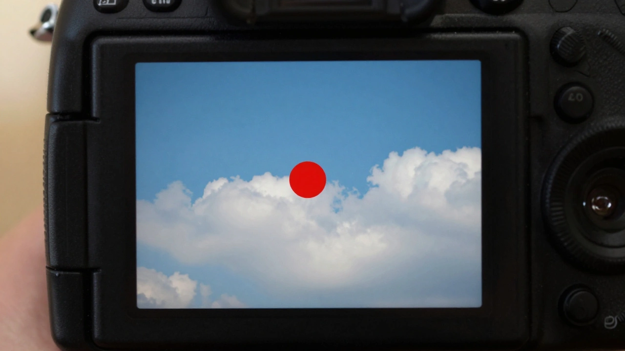 Camera viewfinder showing spot metering focused on bright sky