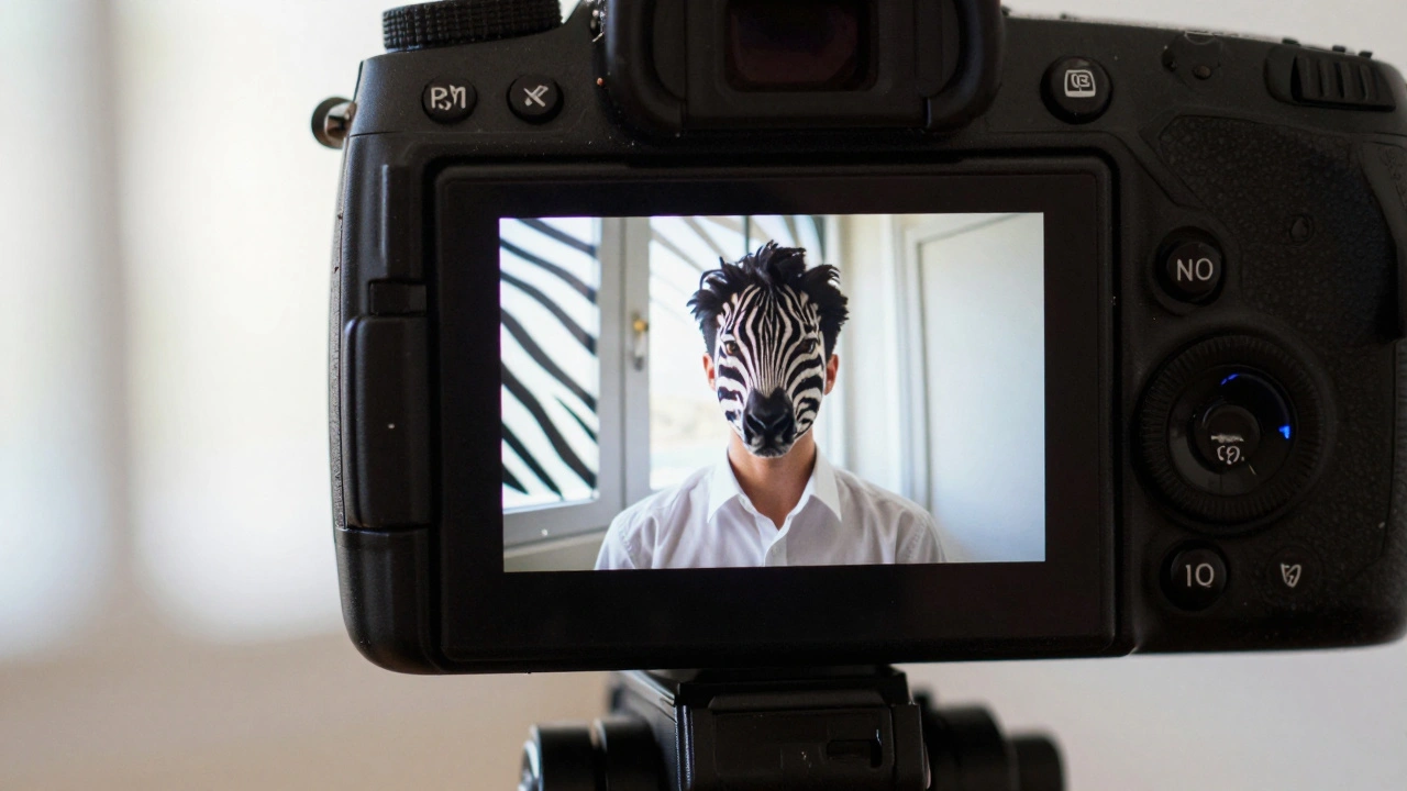 Camera viewfinder showing zebra pattern overlays on bright highlights.