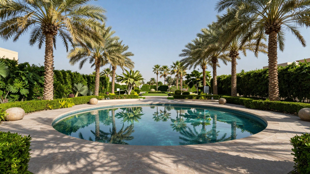 Circular reflecting pool surrounded by greenery in an oasis