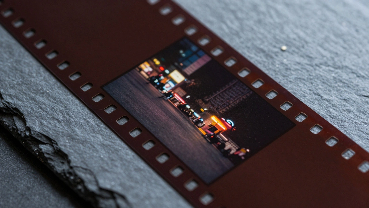 Close-up of 35mm film strip showing sprocket holes and emulsion