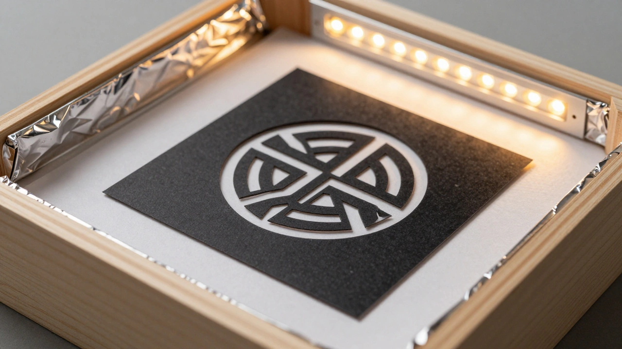 Close-up of a light stencil box with aluminum lining, LED light, and a cut-out cardstock logo.