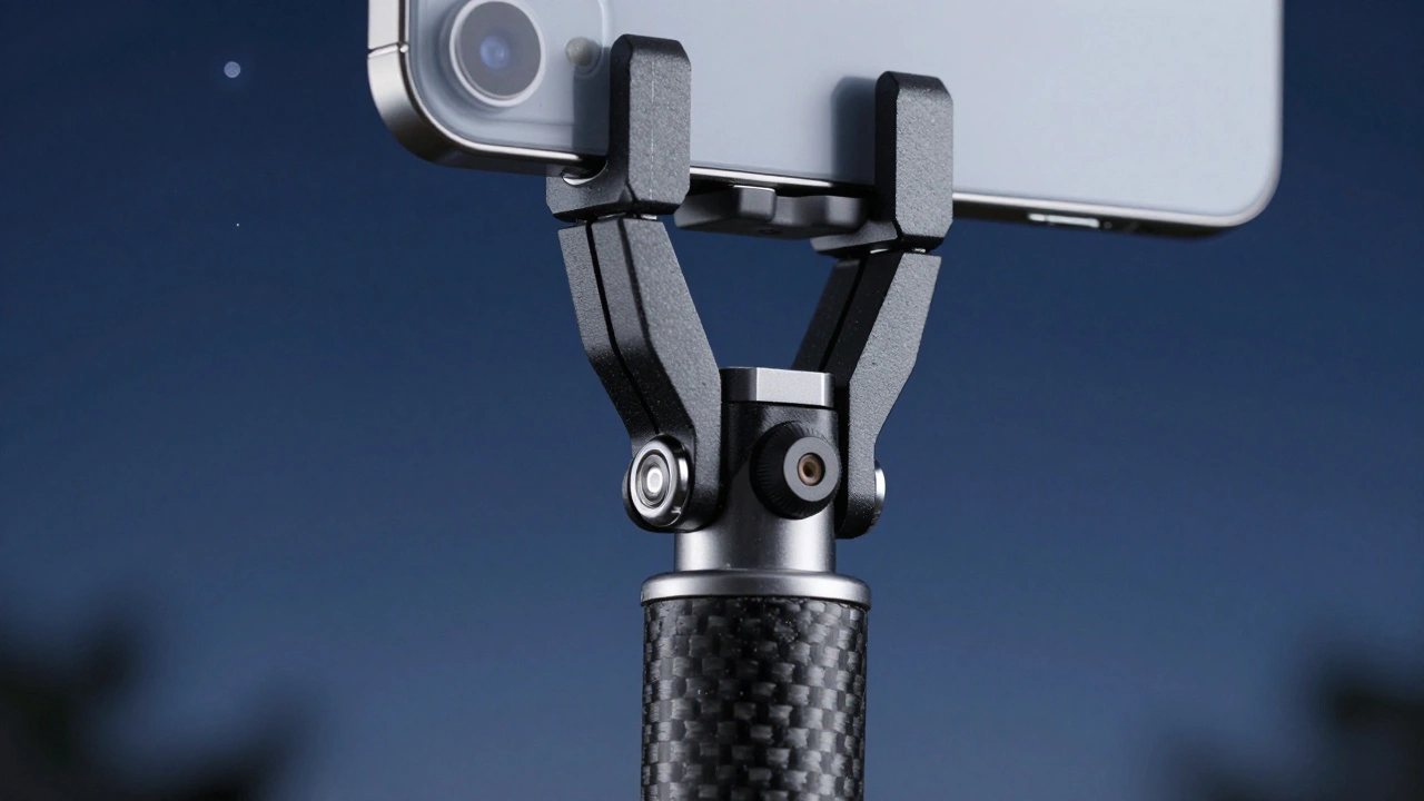 Close-up of smartphone clamp on carbon fiber tripod leg