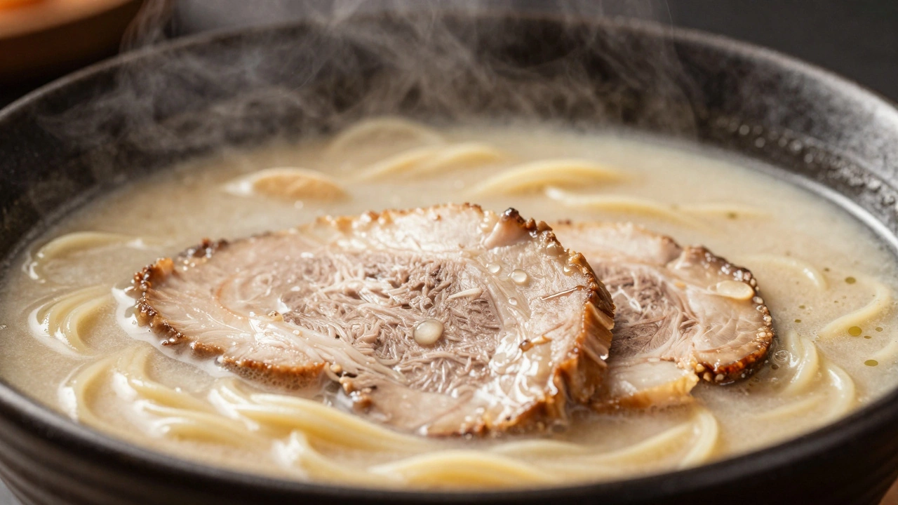 Close-up of steaming ramen bowl with detailed texture and blurred background