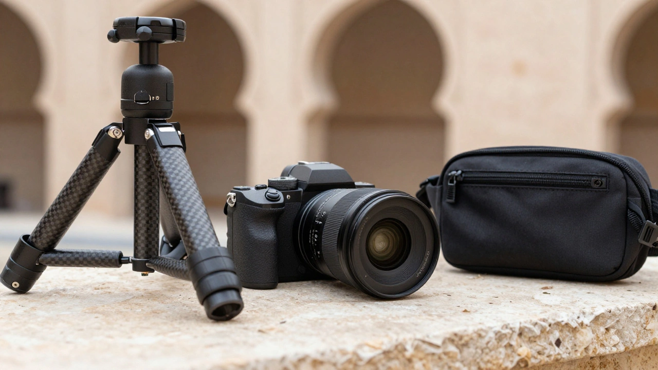Compact mirrorless camera and carbon tripod on stone