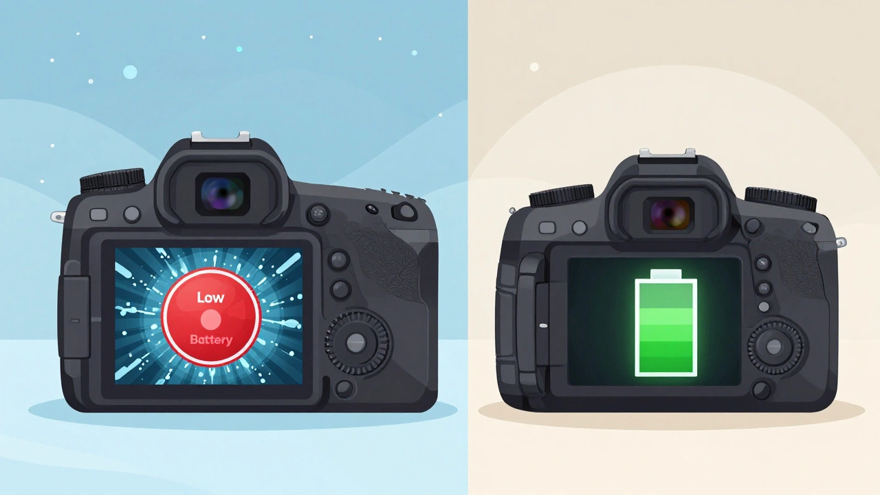 Comparison graphic of mirrorless vs DSLR battery drain in cold